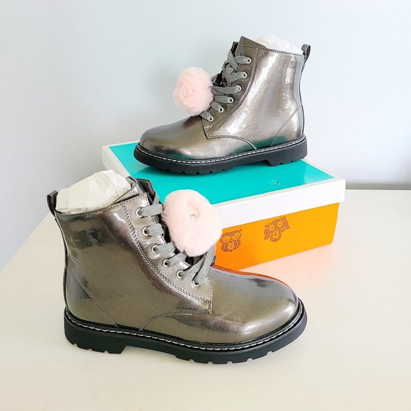 Hoo Other - HOO zipper pompom combat boots pewter